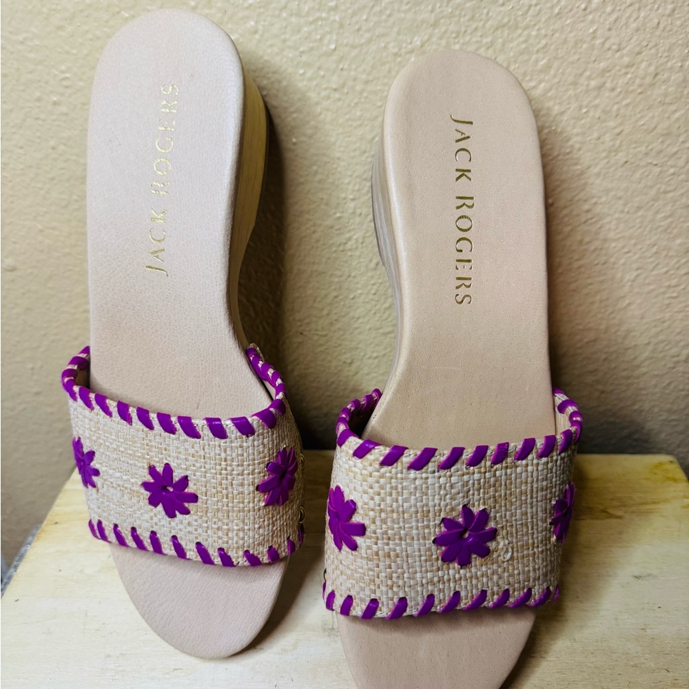Jack Rogers Tan Sandals with Purple Floral Design